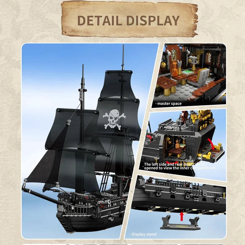 EZ Black Pirate Ship Building Blocks Skeleton Ghost Boat Model Assembly Bricks Toys Desktop Decoration Kid Birthday Boy Adult Gifts