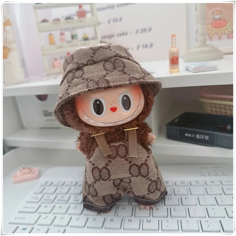 EZ For 17cm Labubu Mini Doll Clothes Outfit Four-leaf Flowers Hat Overalls Clothes Loafer Shoes Doll Accessories Sitting Party