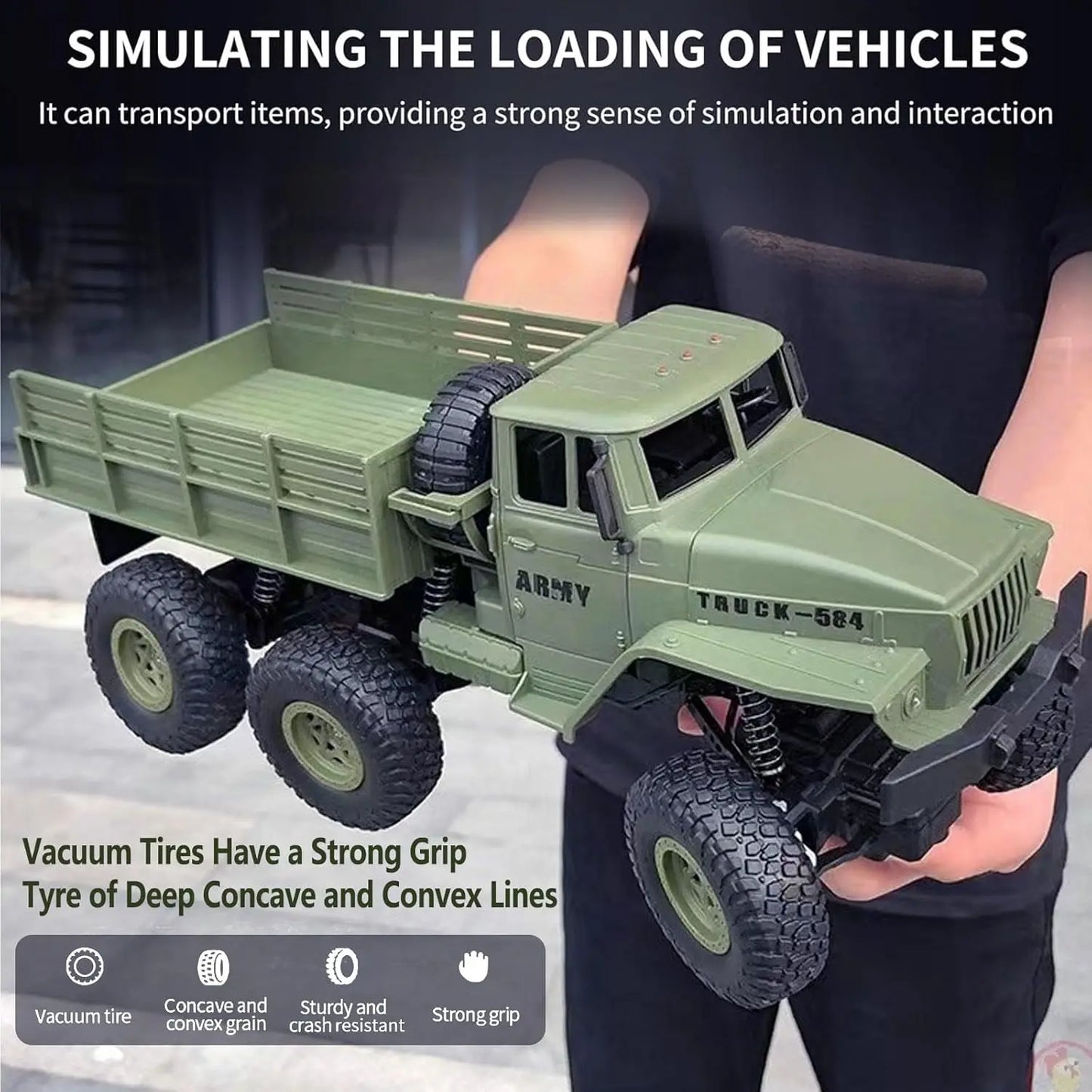 EZ RC Military Truck 6x6 Road Remote Control Car 1/16 Scale Remote Control Truck 4WD All Terrain Rock Army Transport Vehicle Toy Ve