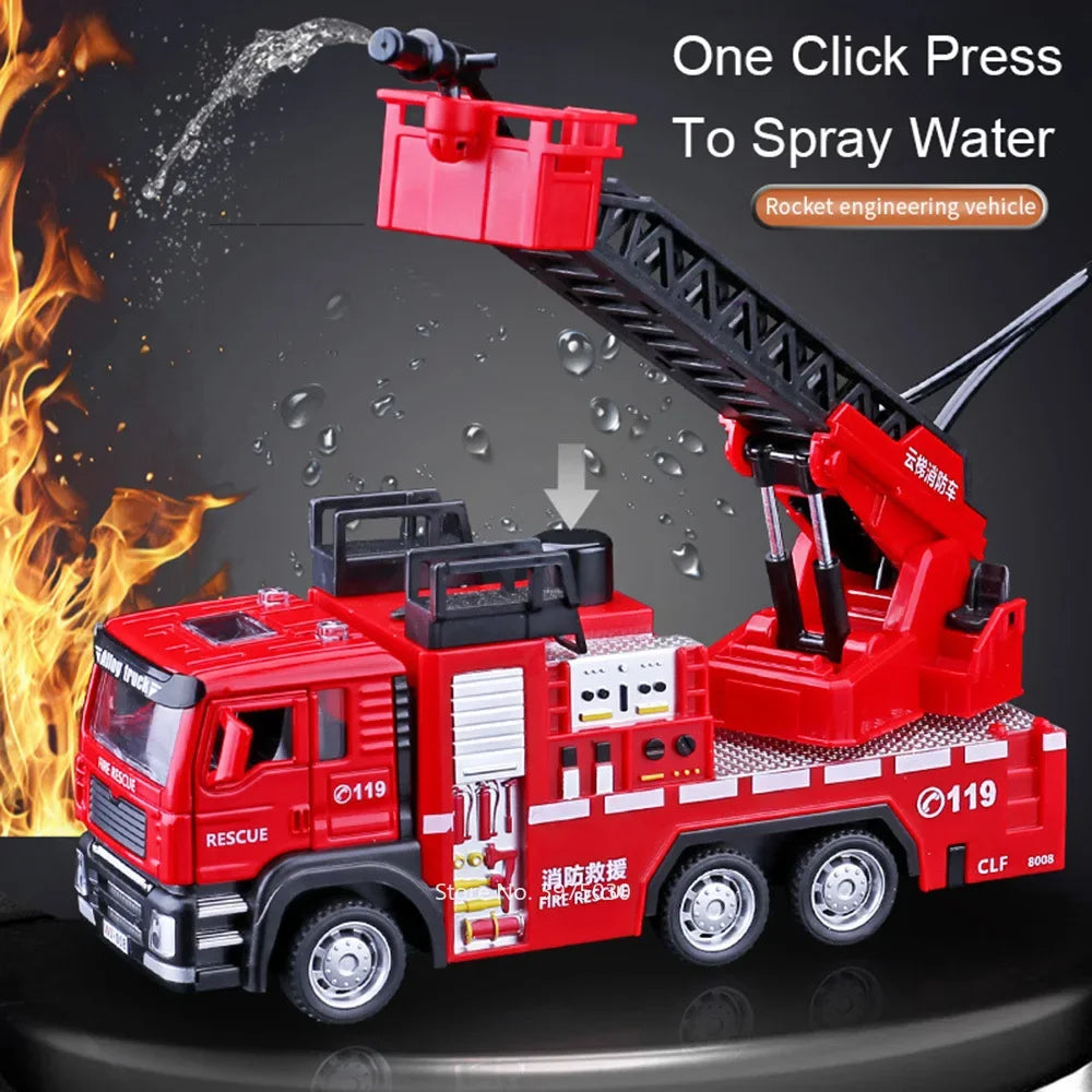 EZ 1/32 Fire Engine Car Toy Model with Sound Light Ladder Fire Truck Wheel Pull Back Sprinkler Rescue Vehicle Boys Decoration Gifts