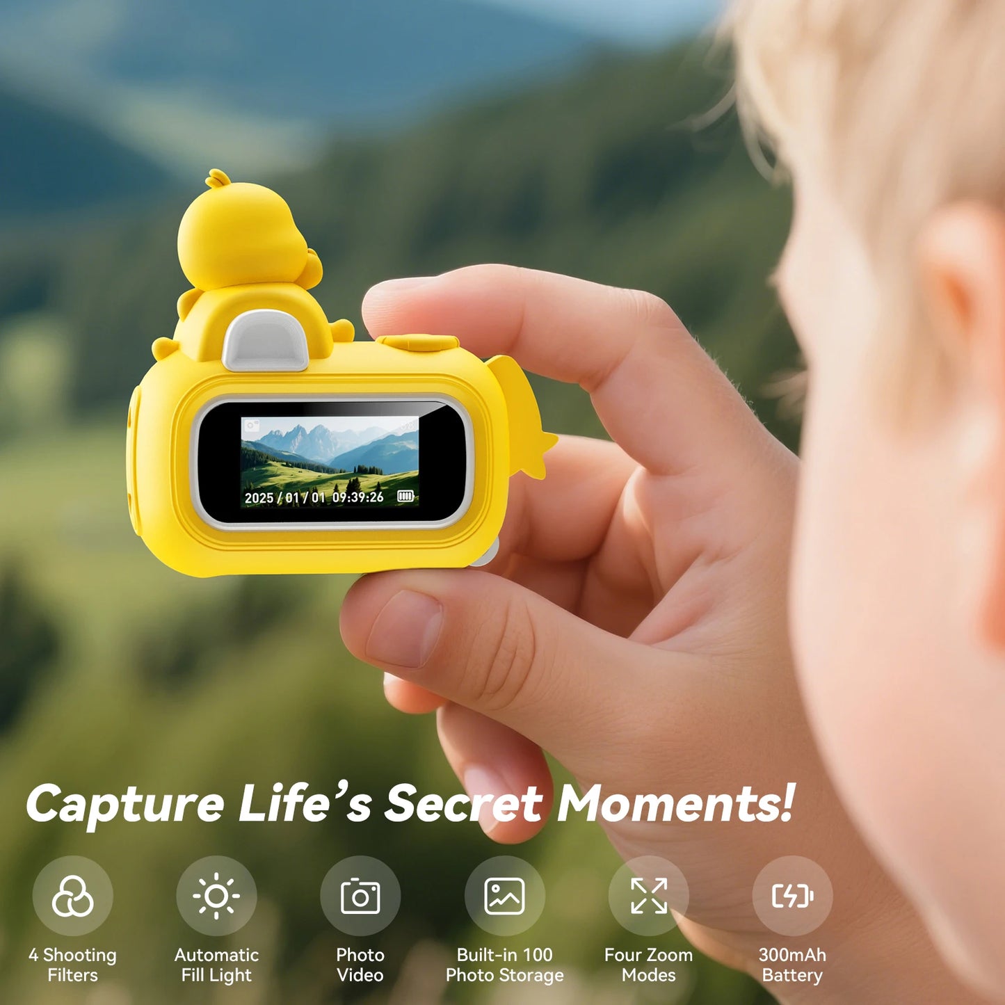 EZ Mini Keychain Camera FHD 1080p with 64GB SD Card Yellow Duck Toy Cameras Pocket Digital Camera Christmas Birthday Gifts for Kids