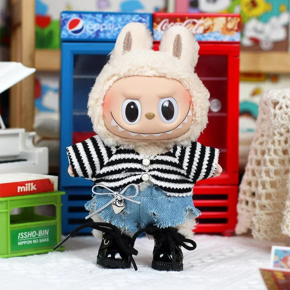 EZ For labubu Cool leather Jacket Dress Fashion Mini Plush Doll Clothes Outfit Accessories for Labubu Idol Skirt Clothing Gift