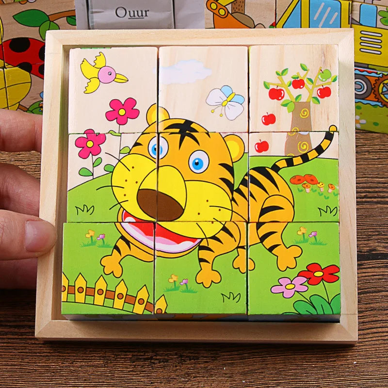 EZ Baby Wooden Blocks Toys Children Six Side Cube Jigsaw Puzzles Game Animal Fruit Traffic Cognize Early Learning Educational Toys