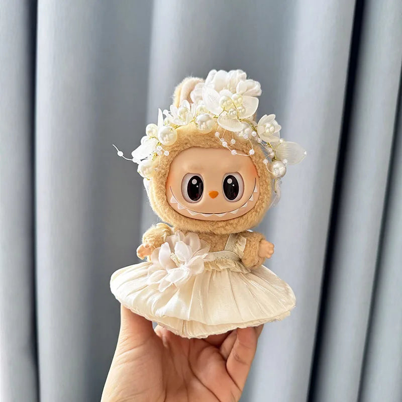 EZ Luxury Plush Wedding Dress Dolls Clothes for Labubu I II Korea Style Fluffy Romantic Wedding Dress Flower Hat Suit for Ladbubu