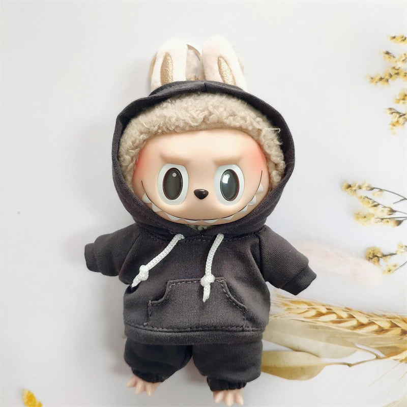 EZ 17cm Labubu Doll Black Hoodie Sweatshirt and Pants Set for Doll DIY Outfit Gift
