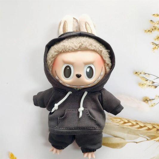 EZ 17cm Labubu Doll Black Hoodie Sweatshirt and Pants Set for Doll DIY Outfit Gift