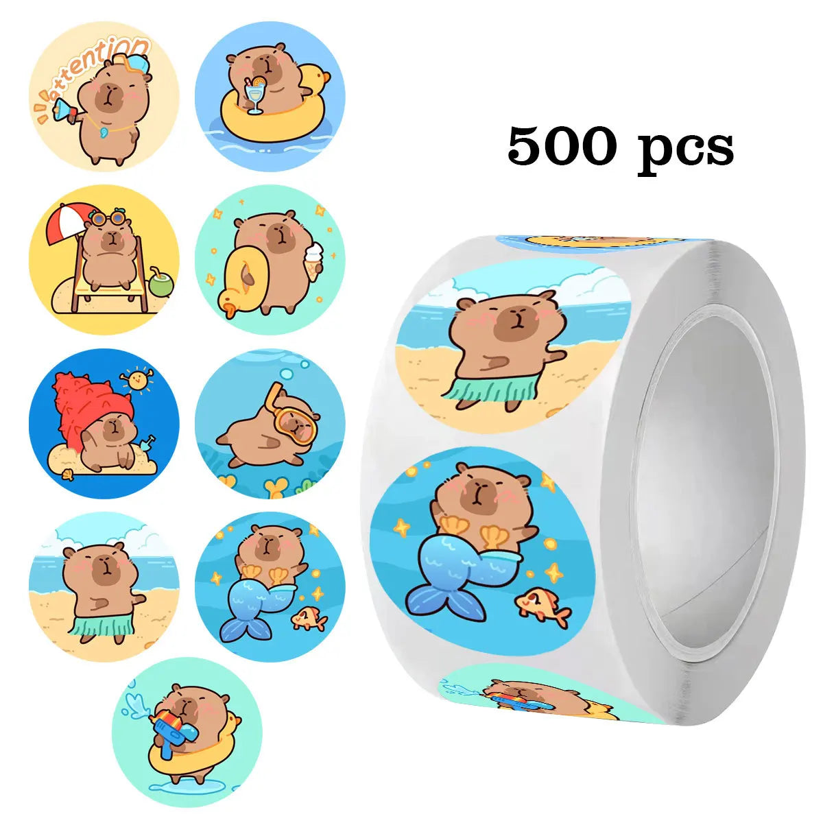EZ 500 Pcs Capybara Stickers Roll - Waterproof PVC Animal & Food Decals for Laptop, Water Bottle, Phone