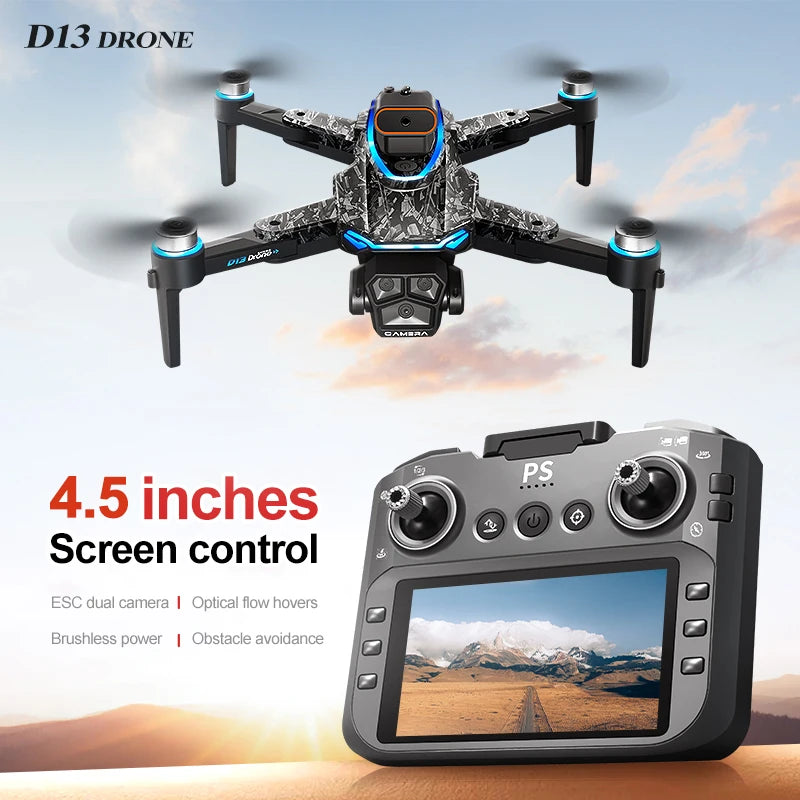 EZ New D13 Drone 4K Professional Three HD Camera with Large Screen 5G WIFI FPV Dron Brushless Optical Flow Hover Folding Quadcopter