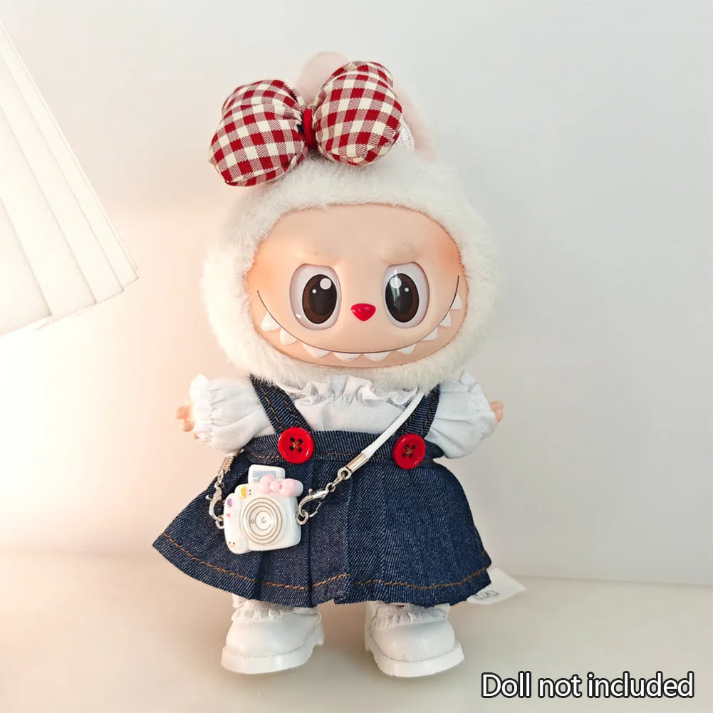 EZ 17cm Mini Plush Doll'S Clothes Outfit Accessories For Korea Kpop Exo Labubu Idol Dolls Corduroy overalls T-shirt Clothing Gift