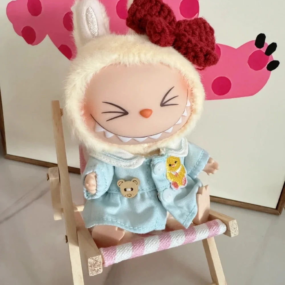 EZ Cute Labubu Doll Chair Mobile Phone Holder & Summer Swimsuit Dress with Slippers Doll Shirt Sea Beach Style