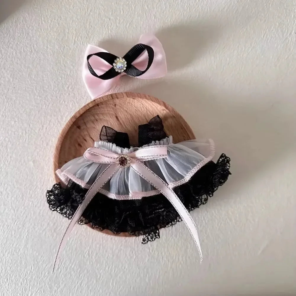 EZ 17cm Mini Plush Doll'S Clothes Outfit Accessories For Korea Kpop Labubu Idol Pink bright silk bow princess gauze skirt Clothing