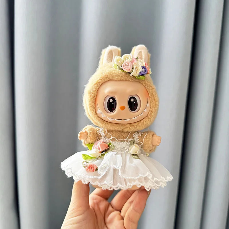 EZ Luxury Plush Wedding Dress Dolls Clothes for Labubu I II Korea Style Fluffy Romantic Wedding Dress Flower Hat Suit for Ladbubu