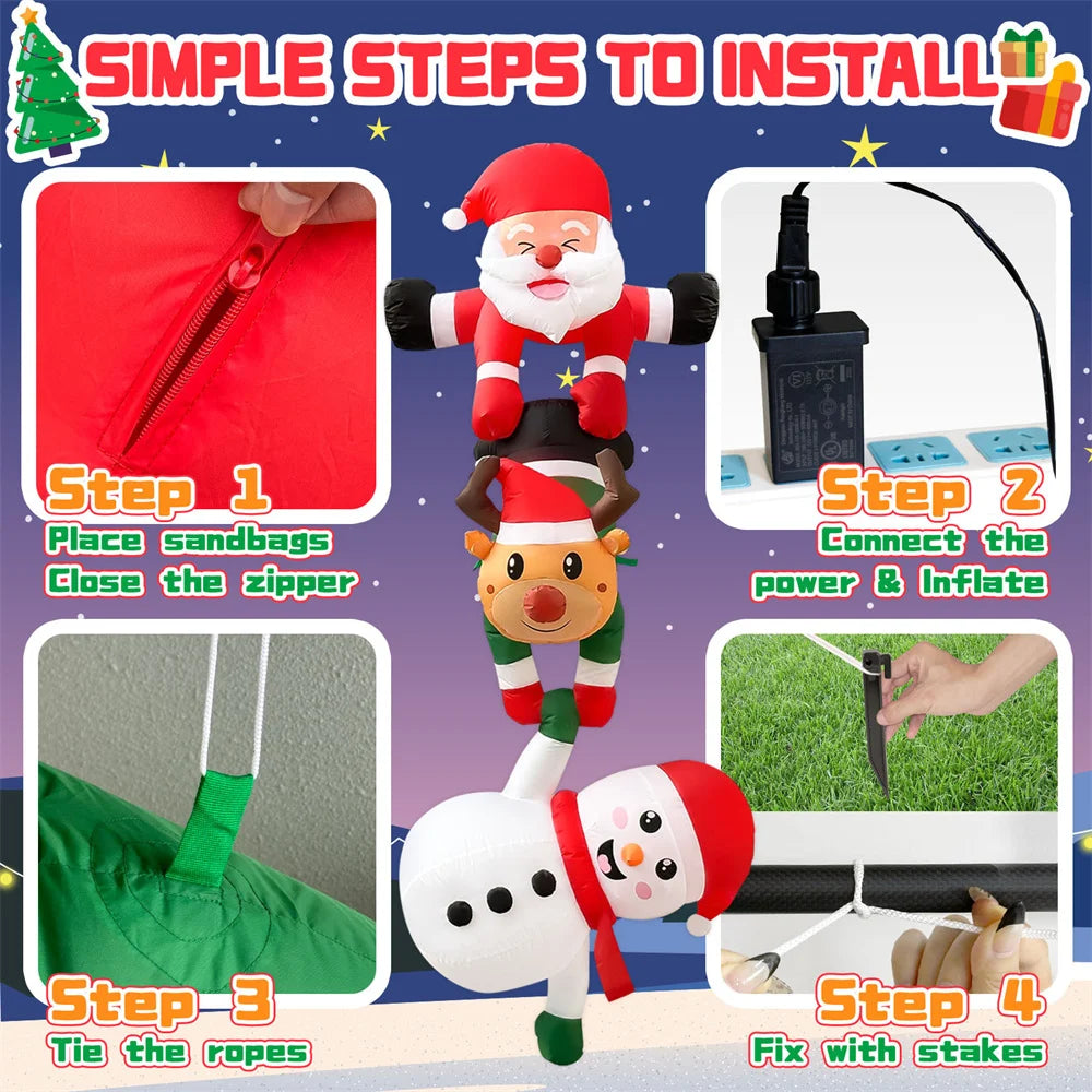 EZ 8FT Inflatable Christmas Climbing Santa Claus with Reindeer & Snowman, Built-in LED for Outdoor Beam Roof Tree Party Yard Decor