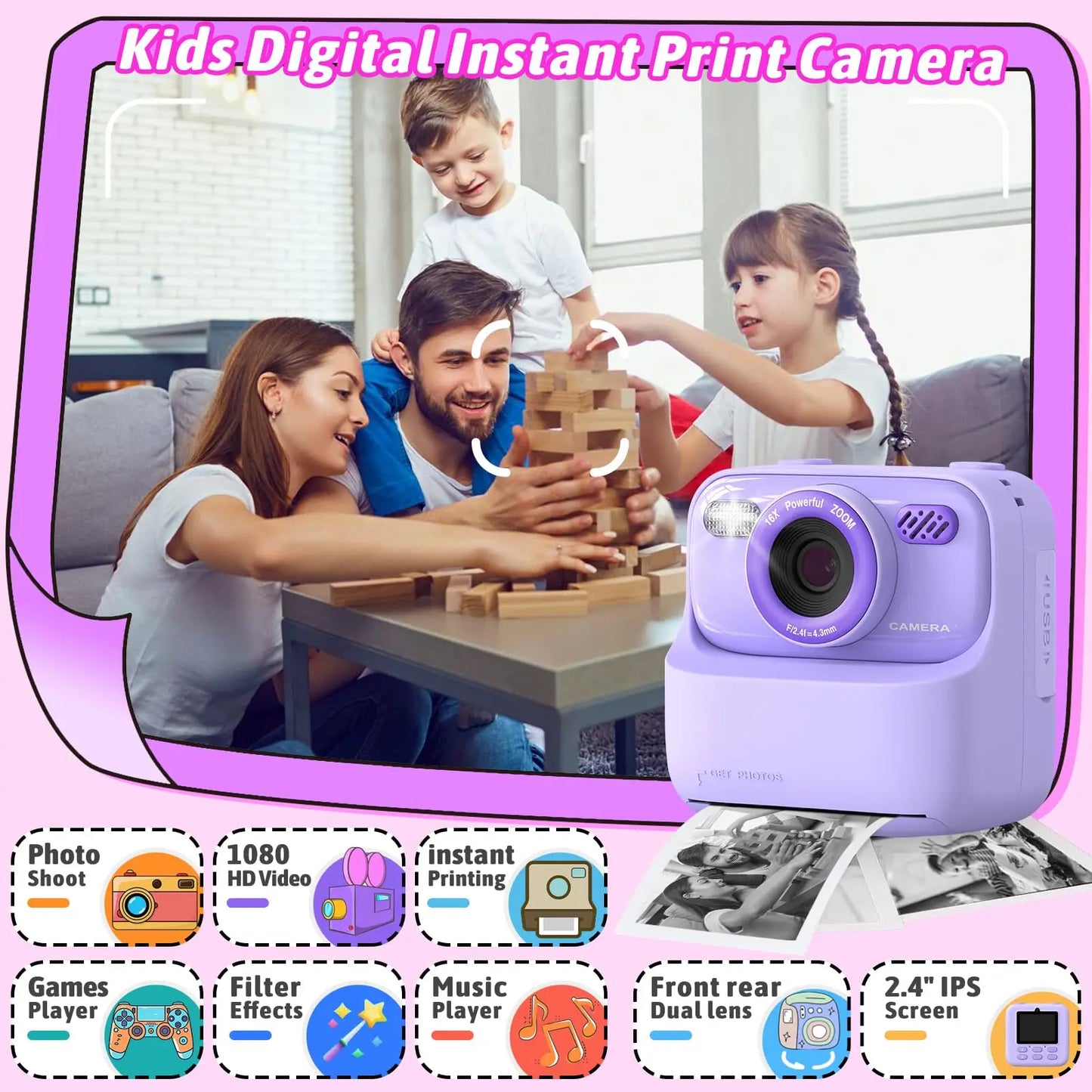 EZ Kids Digital Camera 1080P Vedio Thermal Instant Print Camera With 32G For Girls Boys Age 3-12 Best Christmas Birthday Gifts