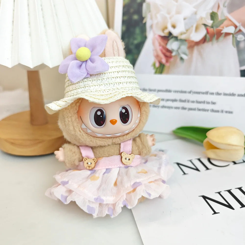 EZ Wrinkled Dress Knitted Straw Hat Vacation Style For 17cm Plush Doll Outfit Perfect Labubu Accessories Ropa Labubu