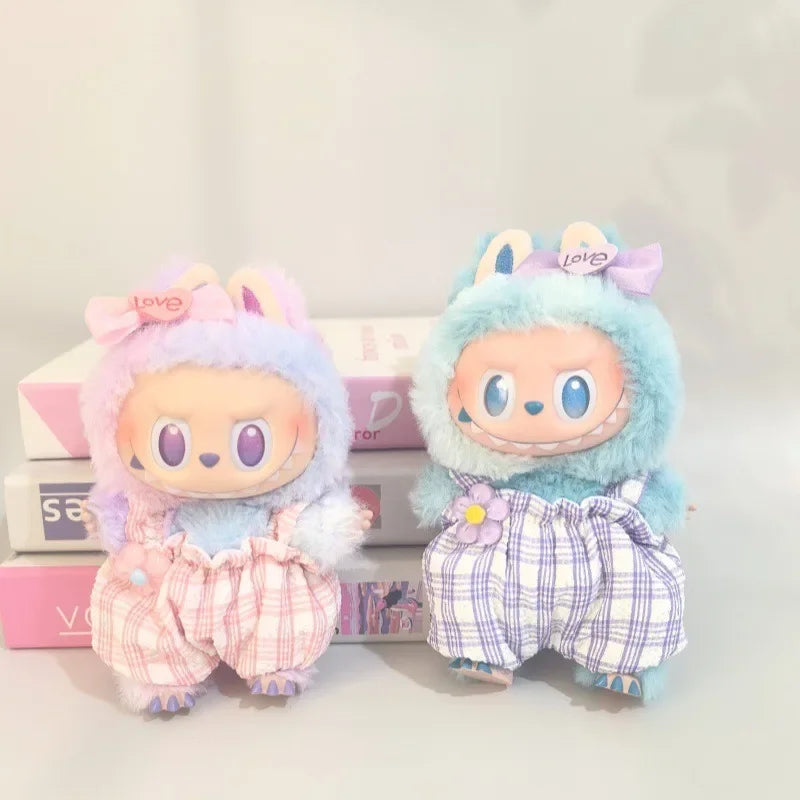 EZ Checkered Cherry Suit For 17cm Labubu 3.0 Big Into Energy Series Clothes Checked Jumpsuit Bow Tie Set Labubu Sweet Outfit