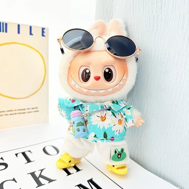 EZ 1 Set Hawaii Original Luxury Clothes for Labubu V1 V2 Cute Shark Duck Shoes Shirt Pants Glasses Beach Clothes Suit for Labubu