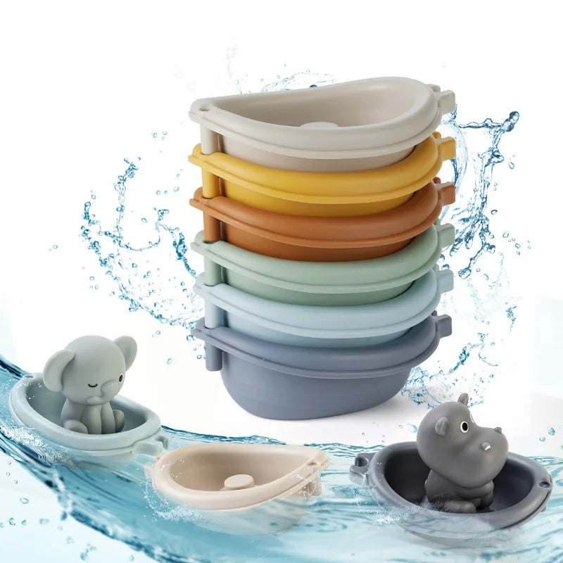 EZ Baby Bath Toys Stacking Bath Boat Toy Silicone Adorable Animal Finger Puppets for Children Interactive Floating Squeeze Toy Gift