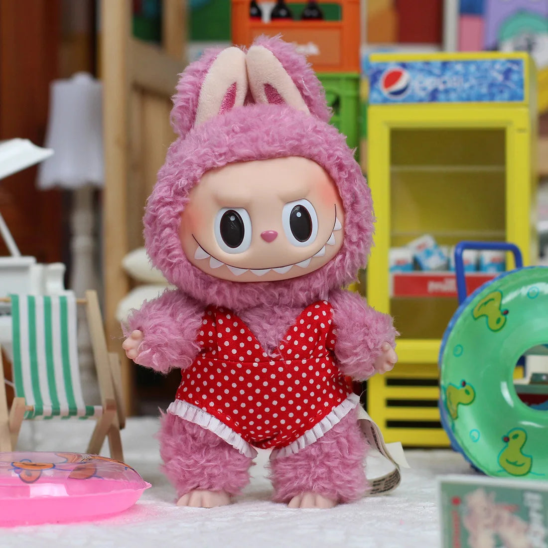 EZ Cute Labubu Doll Chair Mobile Phone Holder & Summer Swimsuit Dress with Slippers Doll Shirt Sea Beach Style