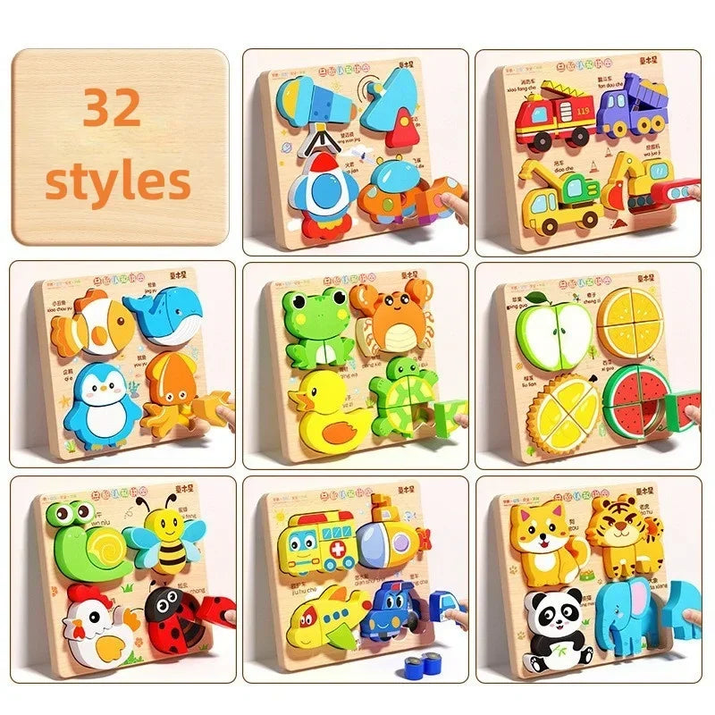 EZ Montessori Cartoon 3D Wooden Puzzle Animal Traffic Jigsaw Toys for Kids Early Learning Educational Cognitive Game Children Gifts