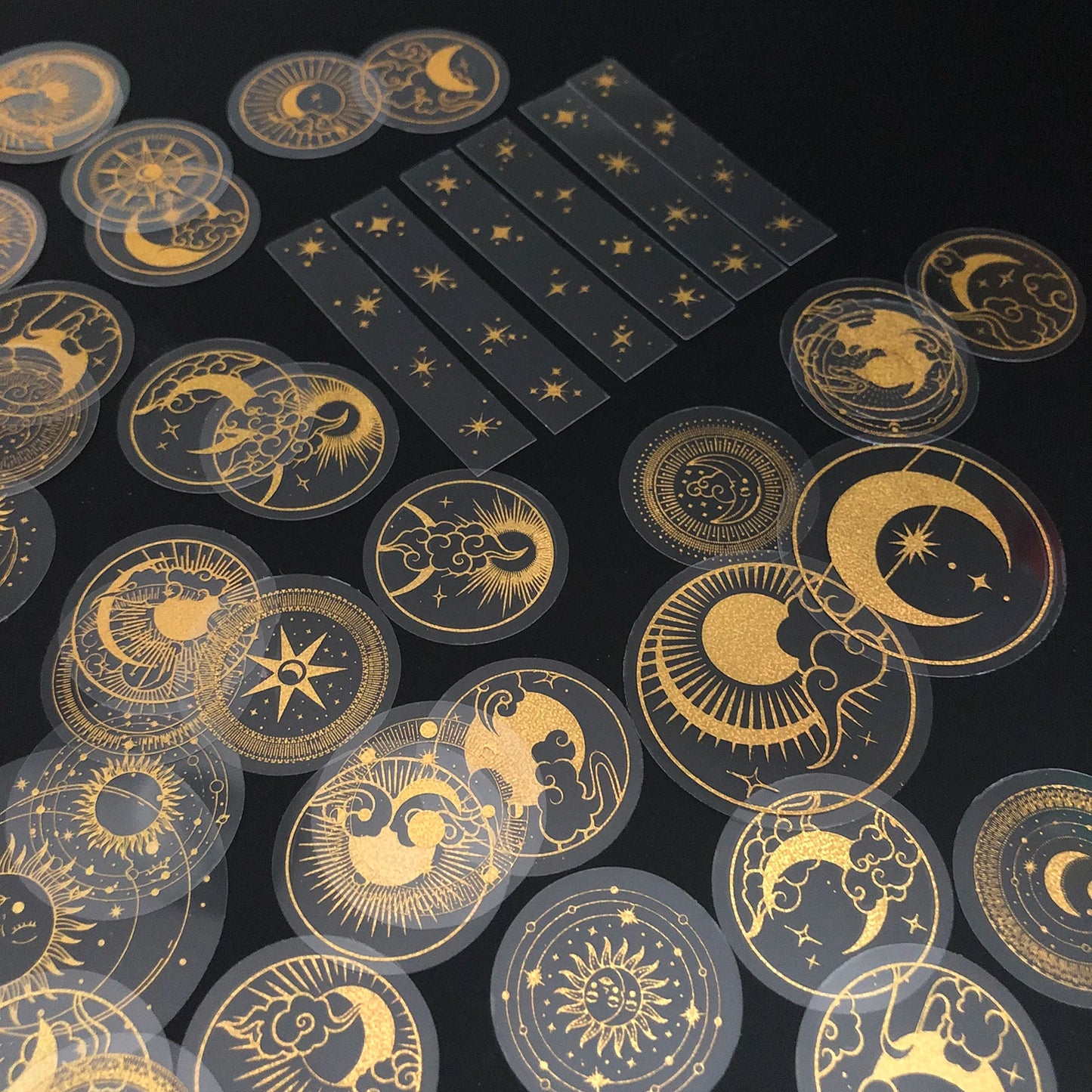 EZ 70 pcs Glitter Gold PET Adhesive Stickers Waterproof Transparent Label: SUN MOON Stars etc