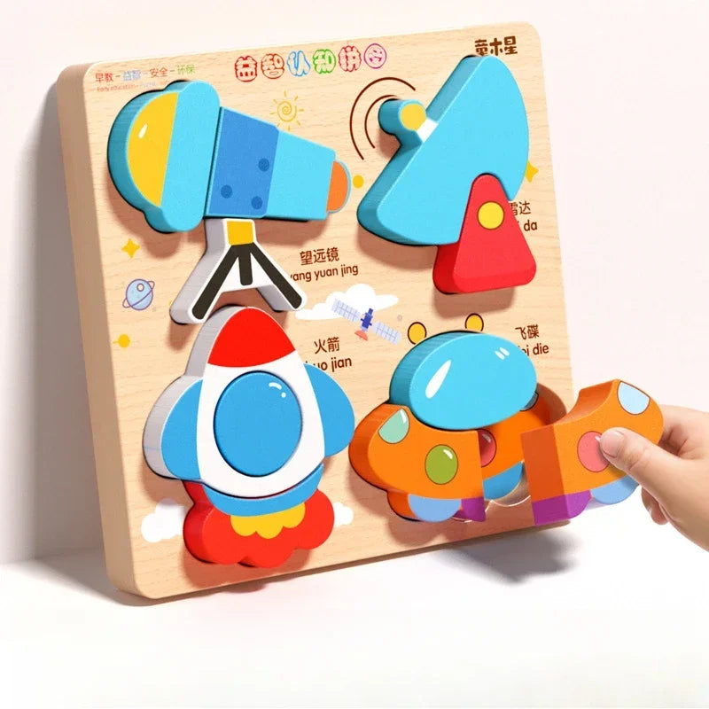 EZ Montessori Cartoon 3D Wooden Puzzle Animal Traffic Jigsaw Toys for Kids Early Learning Educational Cognitive Game Children Gifts