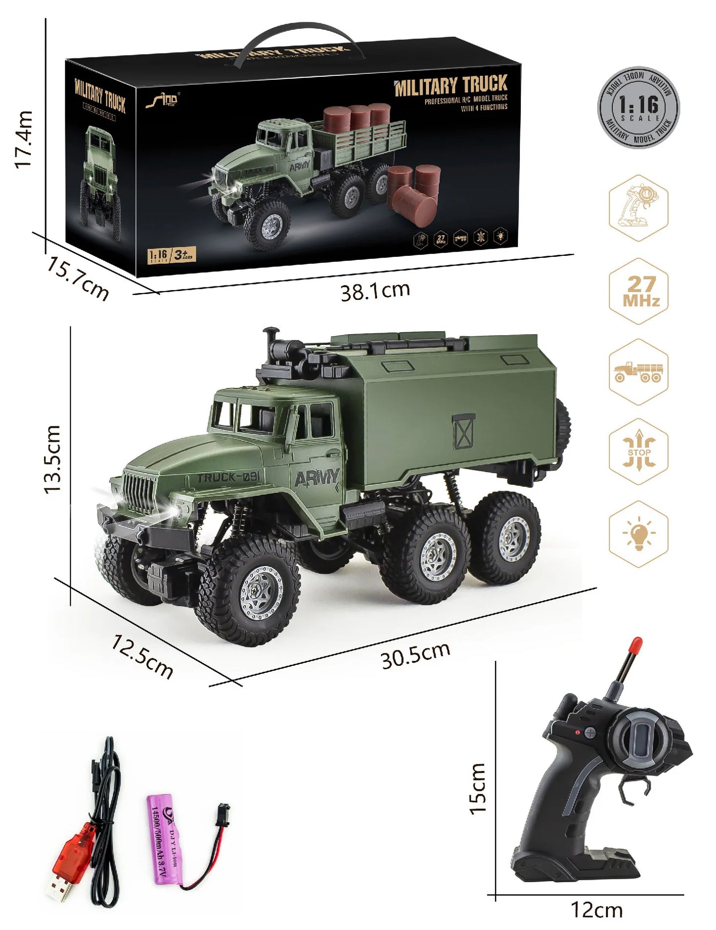 EZ RC Military Truck 6x6 Road Remote Control Car 1/16 Scale Remote Control Truck 4WD All Terrain Rock Army Transport Vehicle Toy Ve