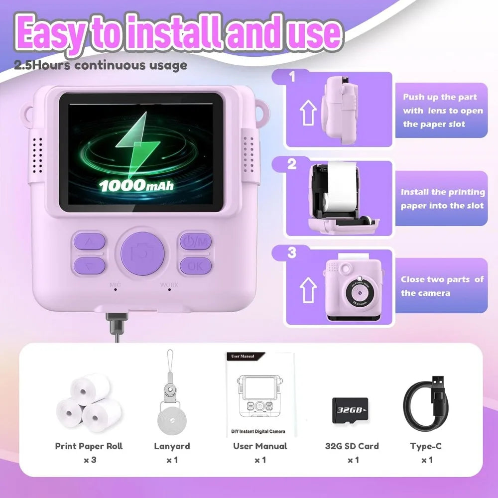 EZ Instant Print Camera for Kids, HD Digital Video Cameras, Portable Toy for 4-10 Year Old Girls Boys with 32GB SD Card-Purple