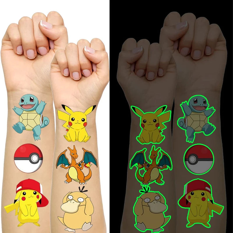 EZ Pokemon Luminous Tattoos for Kids Pikachu Styles Temporary Tattoos Stickers Boys Girls Glow Party Supplies Gifts for Children
