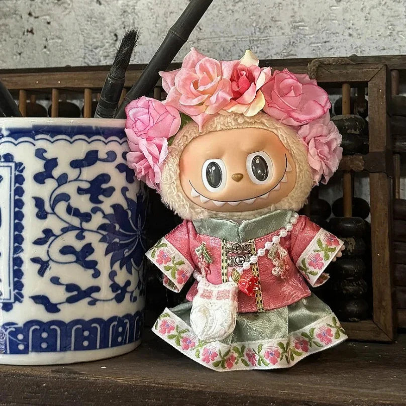 EZ Chinese Qipao Hairpin Flower Dress for Labubu 3.0 Outfit Summer Countryside Princess Doll Clothes for V1/V2/V3 Labubu