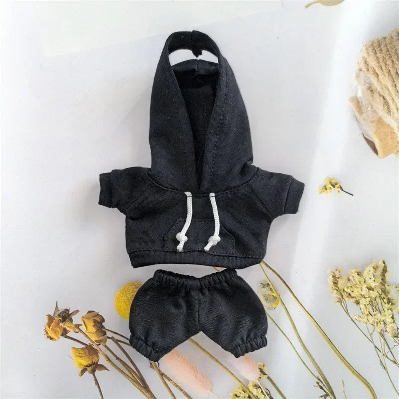 EZ 17cm Labubu Doll Black Hoodie Sweatshirt and Pants Set for Doll DIY Outfit Gift