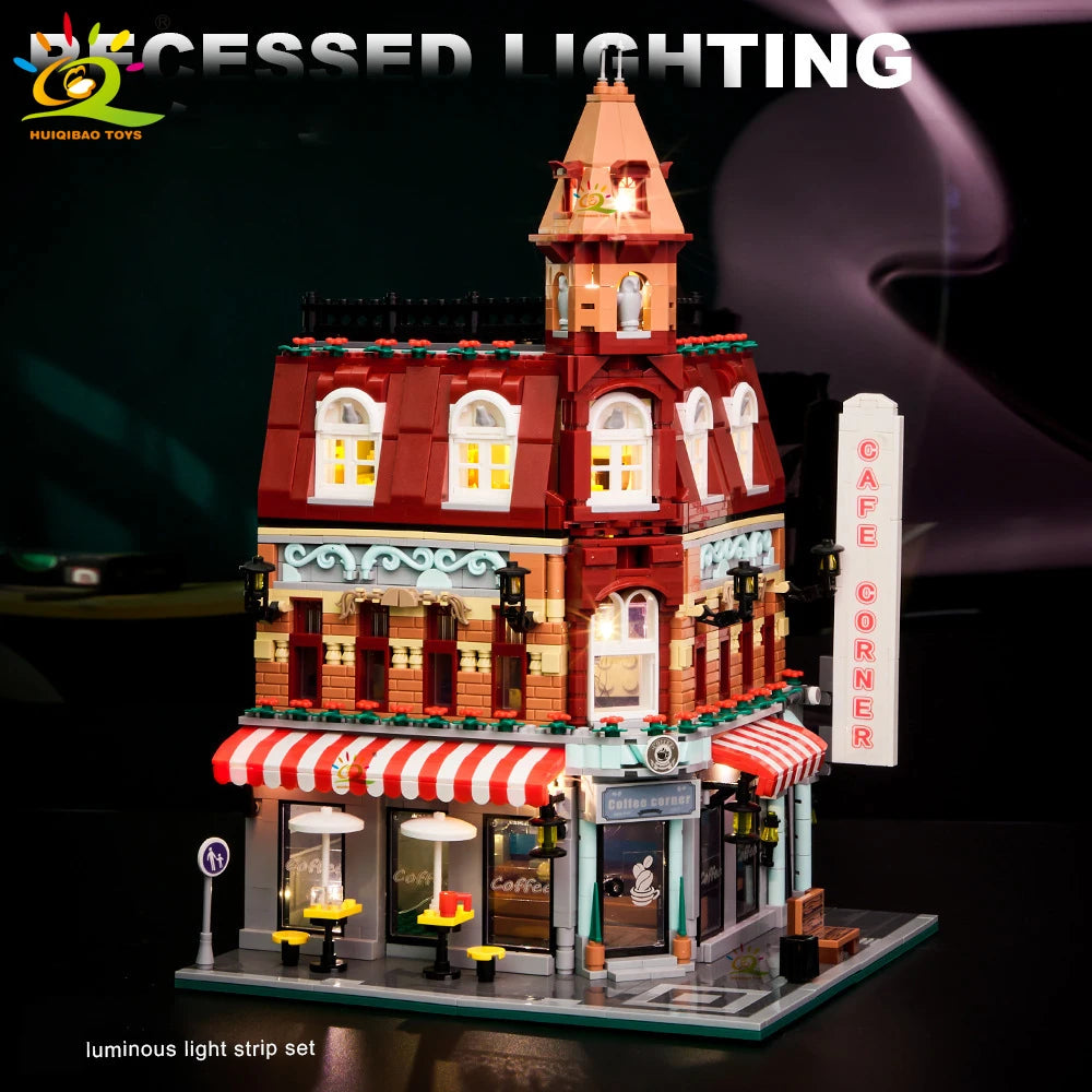 EZ HUIQIBAO Toys MOC City Corner Coffee Shop Architecture Style Street View Micro Building Blocks for Children Construction Bricks