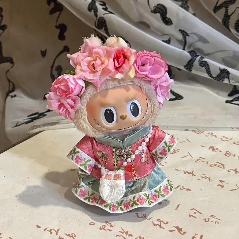 EZ Chinese Qipao Hairpin Flower Dress for Labubu 3.0 Outfit Summer Countryside Princess Doll Clothes for V1/V2/V3 Labubu