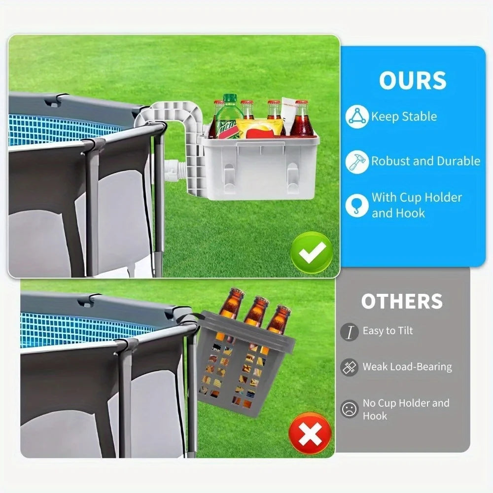 EZ Poolside Storage Basket with Pool Cup Holder, Thickened Plastic Pool Basket for Above Ground Pool Accessories, Outdoor Swimming