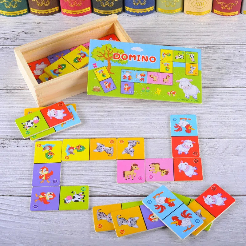 EZ Kids Cognitive Animal Solitaire Dominoes Puzzle Toy Montessori Wooden Animal Color Cognitive Cartoon Jigsaw Board Education Toys