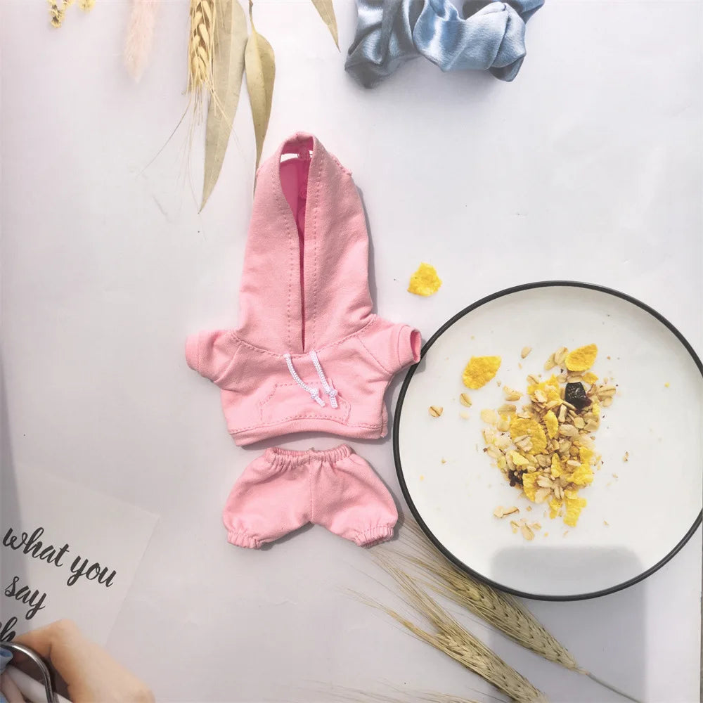 EZ 17cm Labubu Doll Black Hoodie Sweatshirt and Pants Set for Doll DIY Outfit Gift