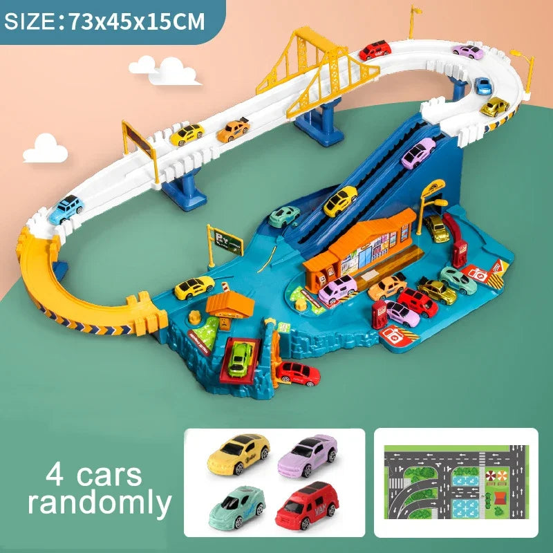 EZ Electric Rail Car Dinosaur Building Parking Lot Adventure Racing Rail Car Toys Children Brain Mechanical Interactive Rail Cars