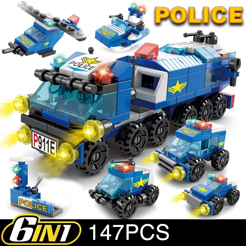 EZ 6in1 NEW Police Sports Car Fire Engineering Engine Mini Loader Truck Classic Model Building Blocks Sets Bricks Toy City