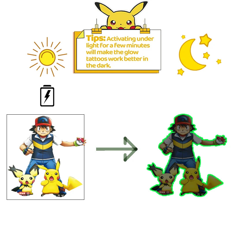 EZ Pokemon Luminous Tattoos for Kids Pikachu Styles Temporary Tattoos Stickers Boys Girls Glow Party Supplies Gifts for Children