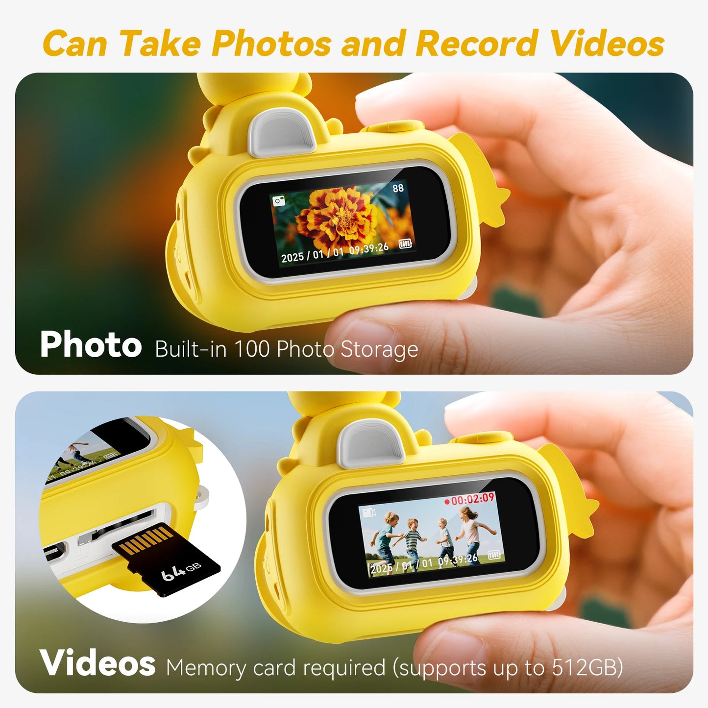 EZ Mini Keychain Camera FHD 1080p with 64GB SD Card Yellow Duck Toy Cameras Pocket Digital Camera Christmas Birthday Gifts for Kids