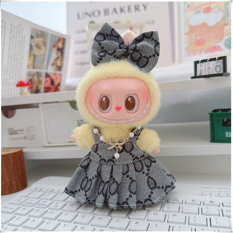 EZ For 17cm Labubu Mini Doll Clothes Outfit Four-leaf Flowers Hat Overalls Clothes Loafer Shoes Doll Accessories Sitting Party