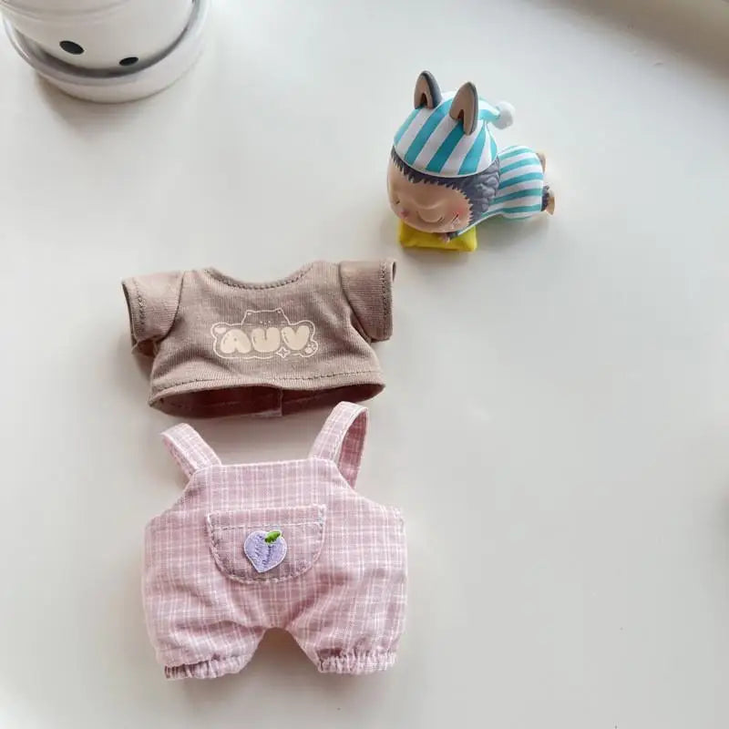 EZ 17cm Mini Plush Doll'S Clothes Outfit Accessories For Korea Kpop Exo Labubu Idol V1 V2 Casual plaid overalls Clothing Gift