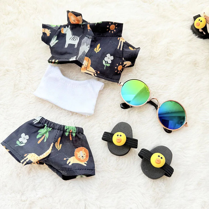 EZ 1 Set Hawaii Original Luxury Clothes for Labubu V1 V2 Cute Shark Duck Shoes Shirt Pants Glasses Beach Clothes Suit for Labubu