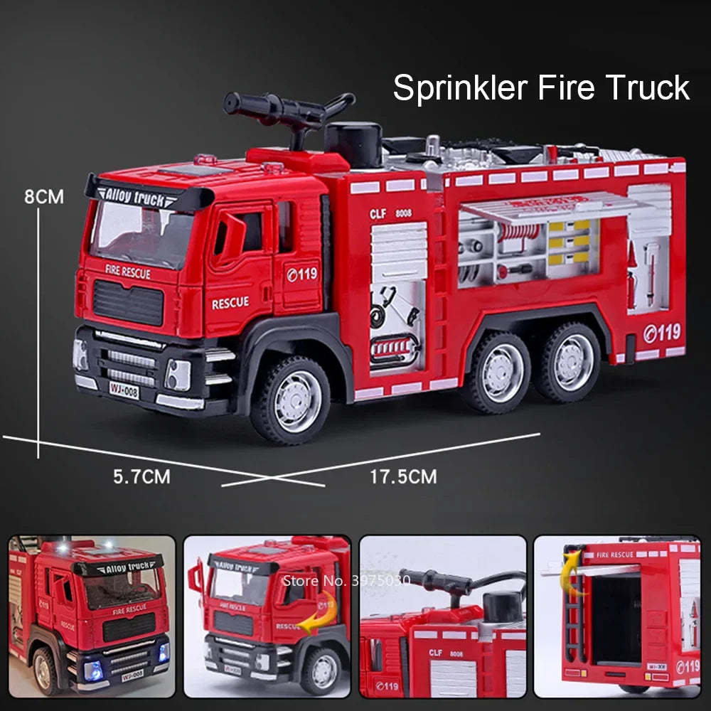 EZ 1/32 Fire Engine Car Toy Model with Sound Light Ladder Fire Truck Wheel Pull Back Sprinkler Rescue Vehicle Boys Decoration Gifts