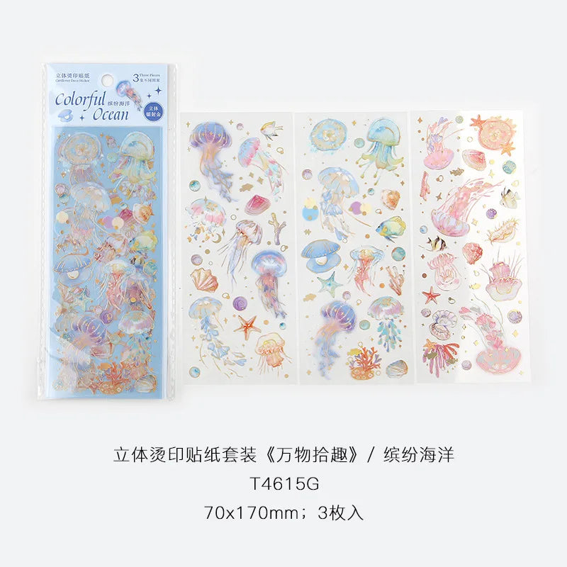 EZ 3pcs Kawaii Feather Dragonfly Bird Jellyfish Decorative Stickers Pack Scrapbooking Material Label Diary Phone Journal Planner