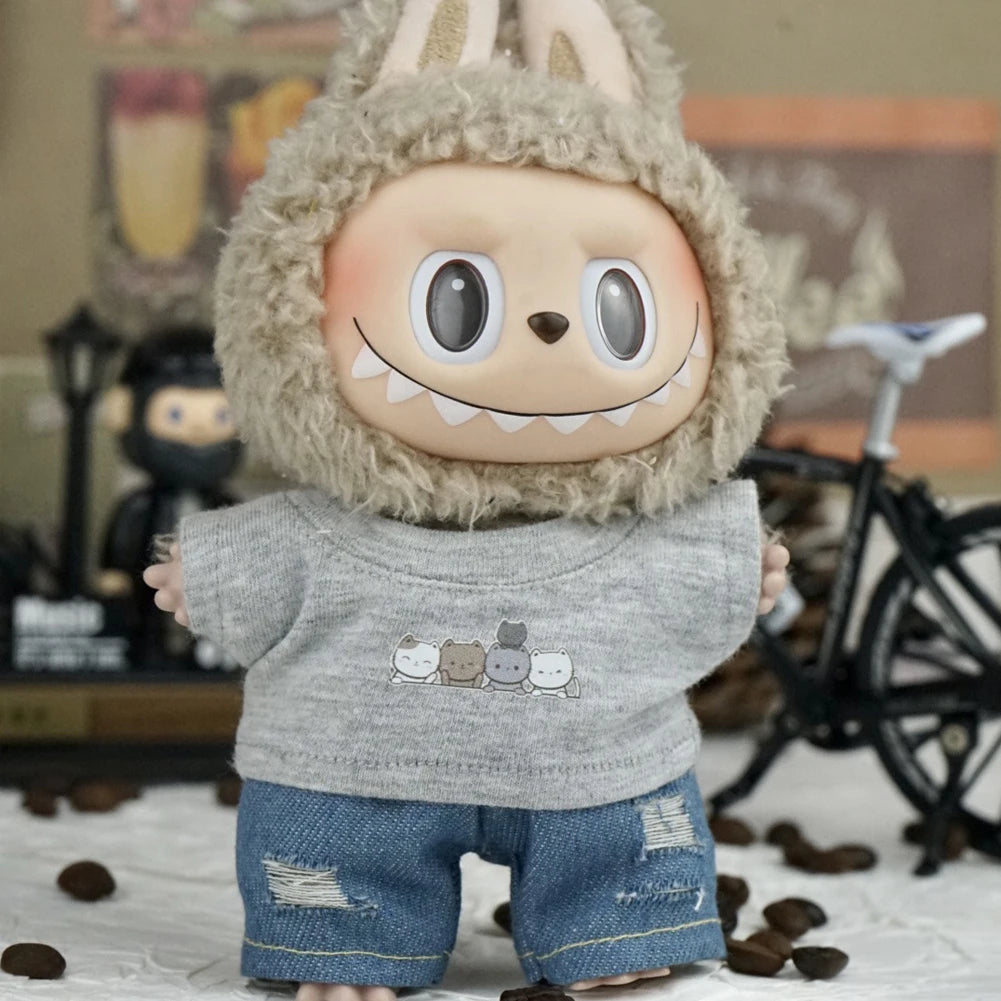 EZ Ropa Labubu Sitting Party Plush Pendant Baby Clothes Pure White Summer T-Shirt Set Striped Shirt & Shorts Set