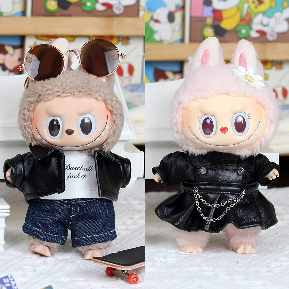 EZ For labubu Cool leather Jacket Dress Fashion Mini Plush Doll Clothes Outfit Accessories for Labubu Idol Skirt Clothing Gift