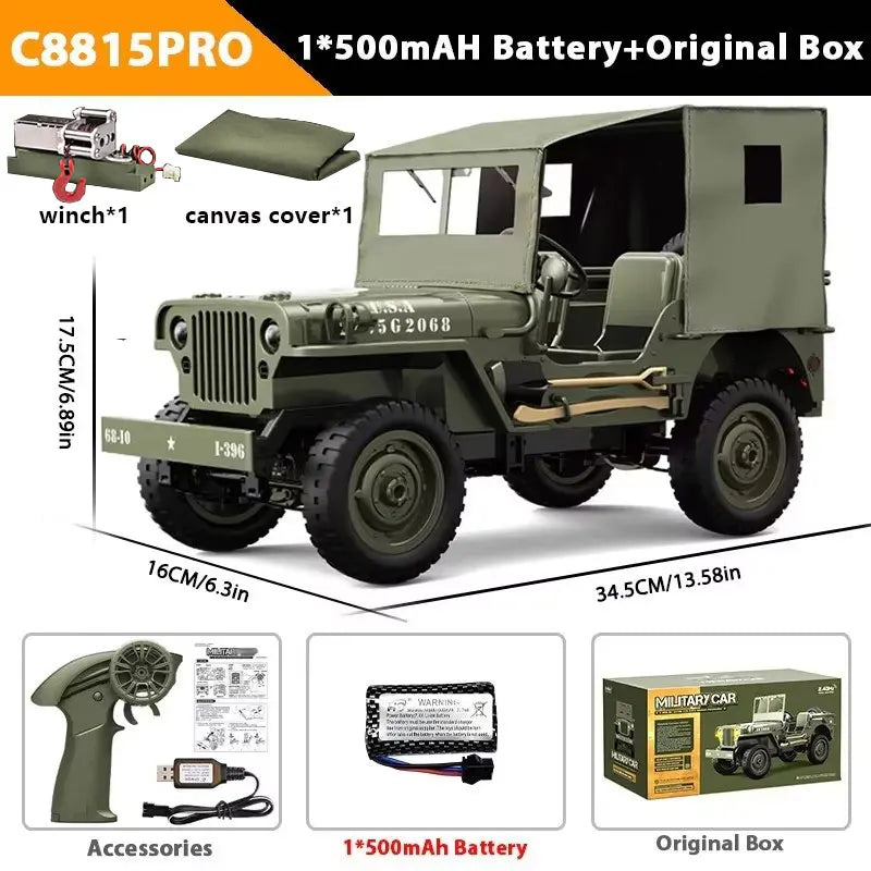 EZ C8815 1/10 WILLYS 2.4G Rc Car 1941 4WD RTR Crawler Climbing Scale Military Truck Offroad Vehicle Adult Toys Gift For Kids