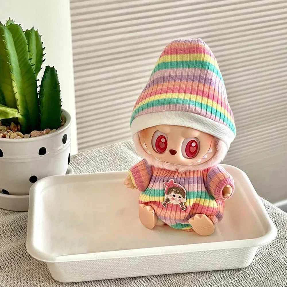 EZ 17cm Mini Doll'S Clothes Outfit Accessories for Labubu Sitting Party V1 V2 Autumn Onesie Hat Set Accessories