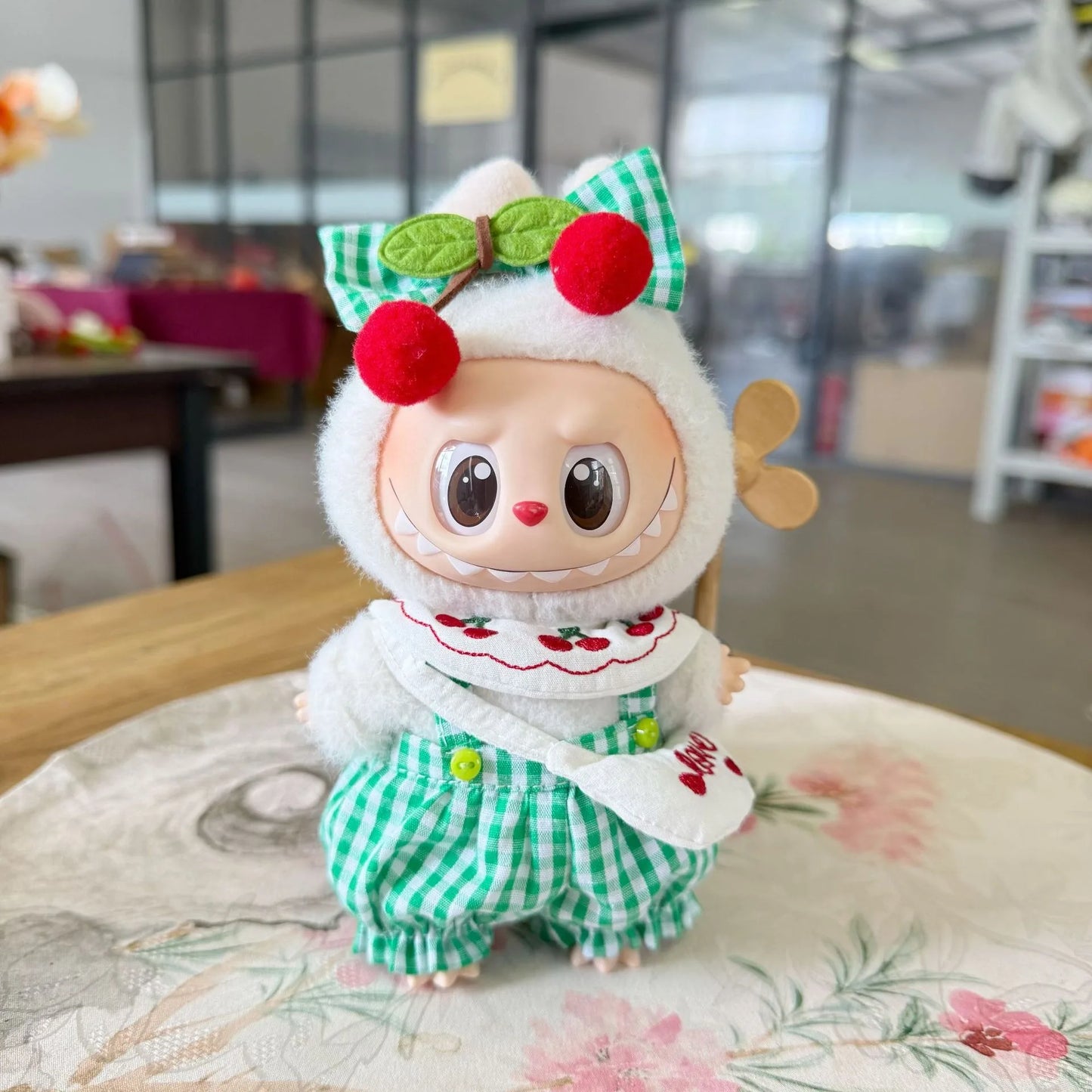 EZ Checkered Cherry Suit For 17cm Labubu 3.0 Big Into Energy Series Clothes Checked Jumpsuit Bow Tie Set Labubu Sweet Outfit